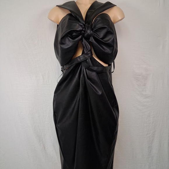 FTF Strapless Black Faux Leather Knot-Front Evening Dress Midi - Picture 3 of 16